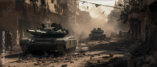 Tanks patrol a desolate urban warzone, evoking the stark reality of conflict amidst the ruins