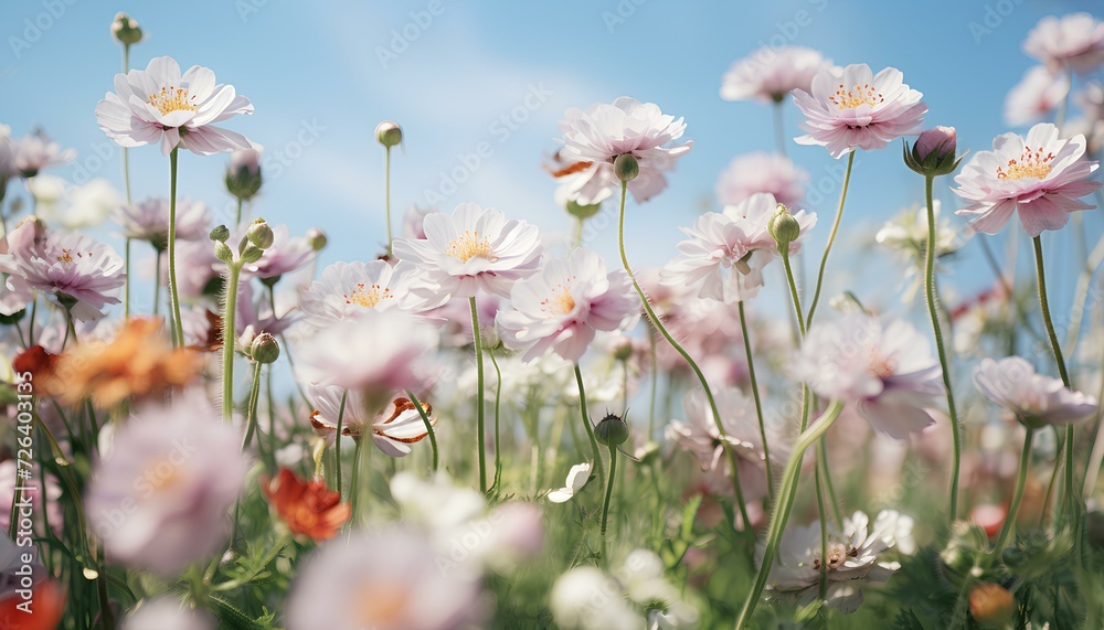 field of flowers under the blue sky and the sun. Flower field with bunch of flowers during spring time. Meadow of flowers. Floral landscape. Wildflower field