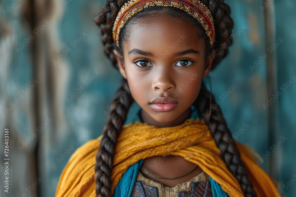 Adorable preteen African girl in stylish braids, showcasing beauty in a village setting with cultural charm.