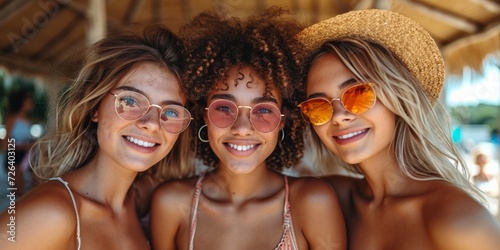 Three cheerful friends enjoying a sunny summer weekend at the beach, taking selfies and having fun. photo