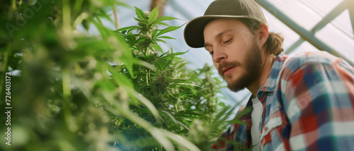 Fotografie, Obraz Focused cultivator tending to cannabis plants in a greenhouse, symbolizing care