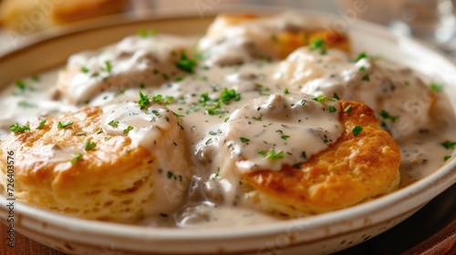 A delicious bowl of biscuits covered in savory gravy. Perfect for breakfast or brunch