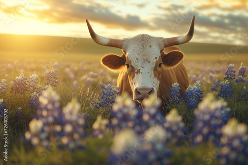 Texas Longhorns bull in a field full of bluebonnets, golden hour time, close up portait shot photo