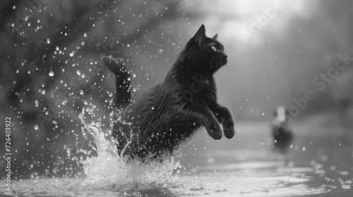 a black cat is jumping from a tree to a lake , black and white photography with blue tones
