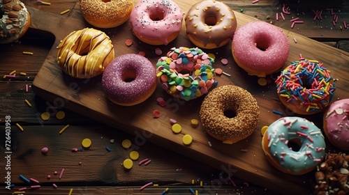 Donuts pattern. Top view of assorted glazed donuts. Colorful donuts with icing as background with copy space. Various colorful glazed doughnuts with sprinkles. Generative AI