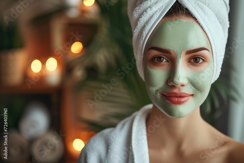 Beautiful woman applying facial mask at beauty spa salon