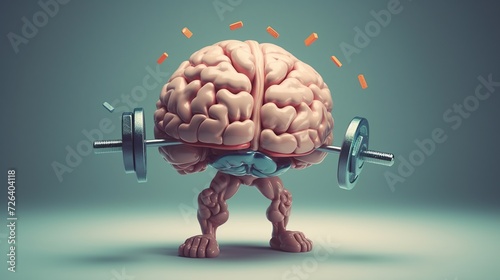 Human brain lifting weight . Private lessons and knowledge concept. 3d render illustration. Brain power, human organ. Concept of training memory, intelligence, strong mind.  Generative AI 