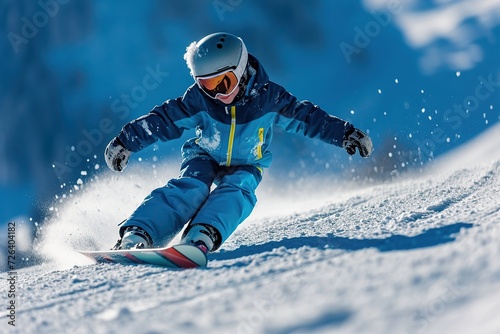 Child snowboarder snowboarding on ski slope