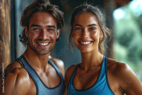 A happy, fit couple leaving the gym. Generative Ai.