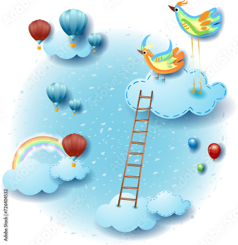 Sky landscape with clouds, colorful birds and ladder. Fantasy illustration vector eps10