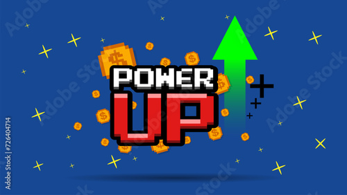POWER UP text with gold coin on blue background.pixel art .8 bit game.retro game. for game assets in vector illustrations.	