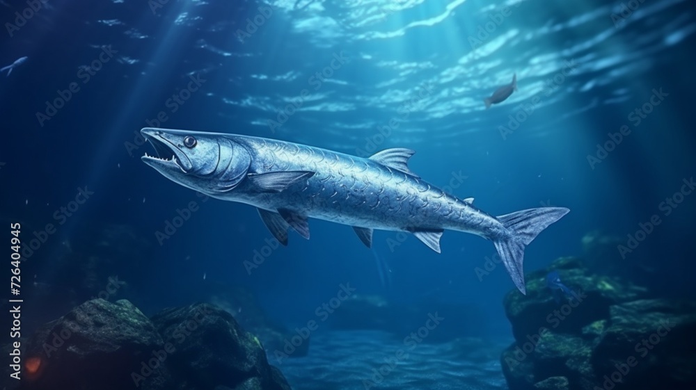 Great barracuda fish swimming underwater photography Image, barracuda sphyraena atlantic ocean  realistic wallpaper