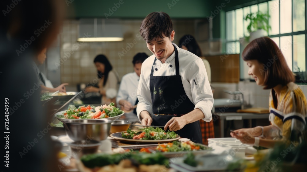 A male smiling chef conducts a master class on cooking dishes and salads in the kitchen of the restaurant.