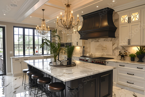 A sophisticated brown and white kitchen with marble countertops and a chandelier  radiating elegance. Created with generative AI.