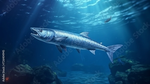 Great barracuda fish swimming underwater photography Image, barracuda sphyraena atlantic ocean realistic wallpaper