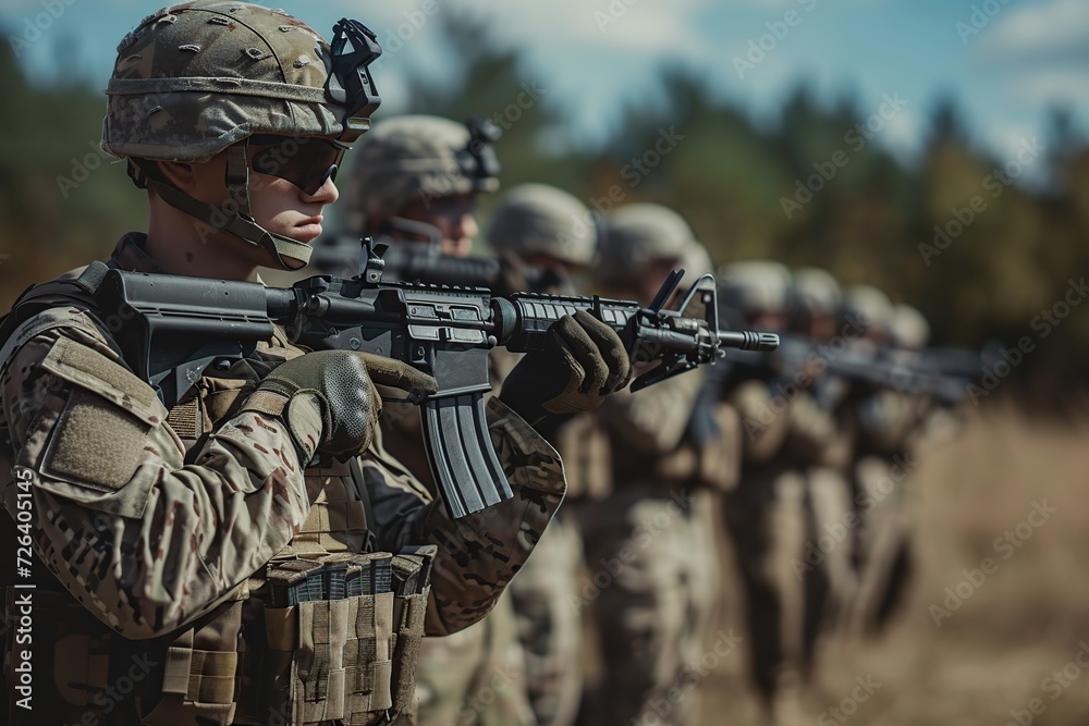 Soldiers in camouflage uniform with rifle in military training