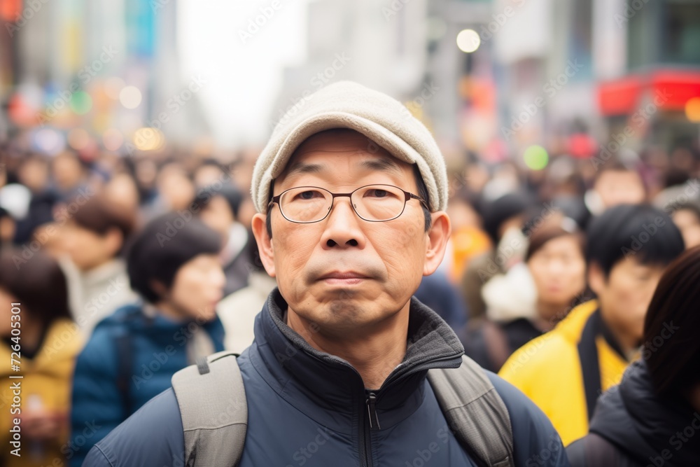 tourist at shibuya crossing, surrounded by crowds