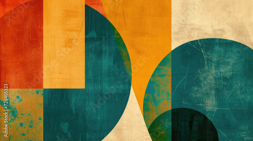Abstract background in trendy Bauhaus style, combining sienna, teal green and wheat yellow with asymmetrical balance and bold shapes © boxstock production