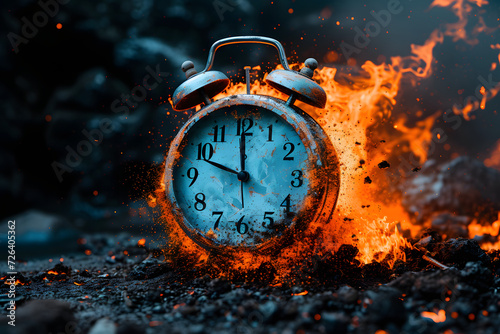  alarm clock engulfed in flames and sparks, symbolizing urgency and the passage of time. Ideal for concepts related to deadlines or time management photo