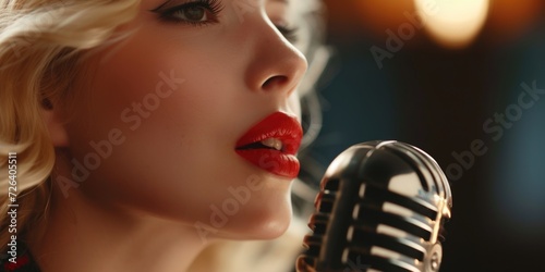 A woman holding a microphone with bold red lipstick. Perfect for music events and performances