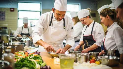 Experienced chefs in white uniforms and a chef's hat prepare various dishes and salads in the restaurant kitchen. Culinary master class, cooking, restaurant business concepts. photo