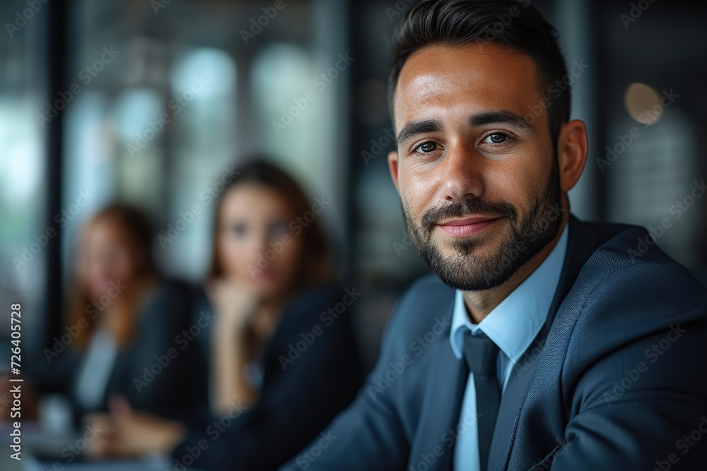 Businessman discussing with colleagues in conference room during meeting at office Businessman discussing with colleagues in conference room during meeting at office