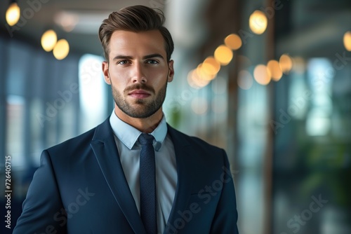 Portrait of handsome businessman in suit looking at camera in the office