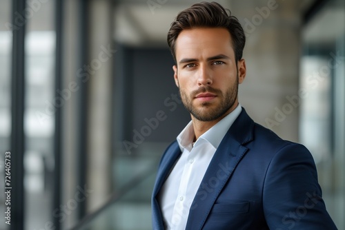 Portrait of handsome businessman in suit looking at camera in the office