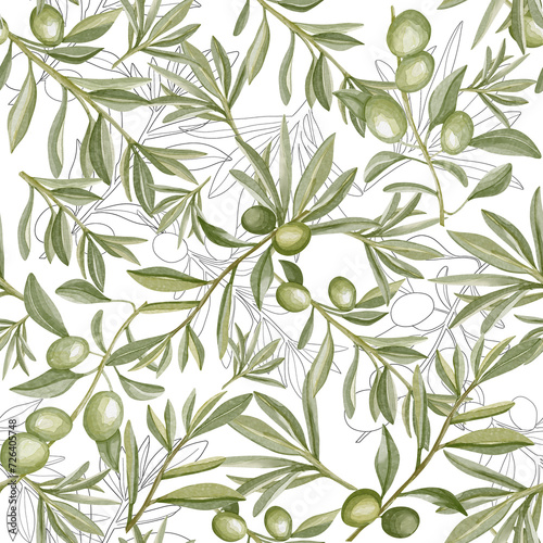 Watercolor seamless pattern with green olive branches on white background in vintage style. Botanical illustration olive tree