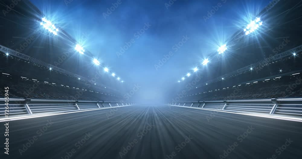 Empty racing track and shining spotlights on sport stadium. Professional 4K video loop for racing sports advertisement.