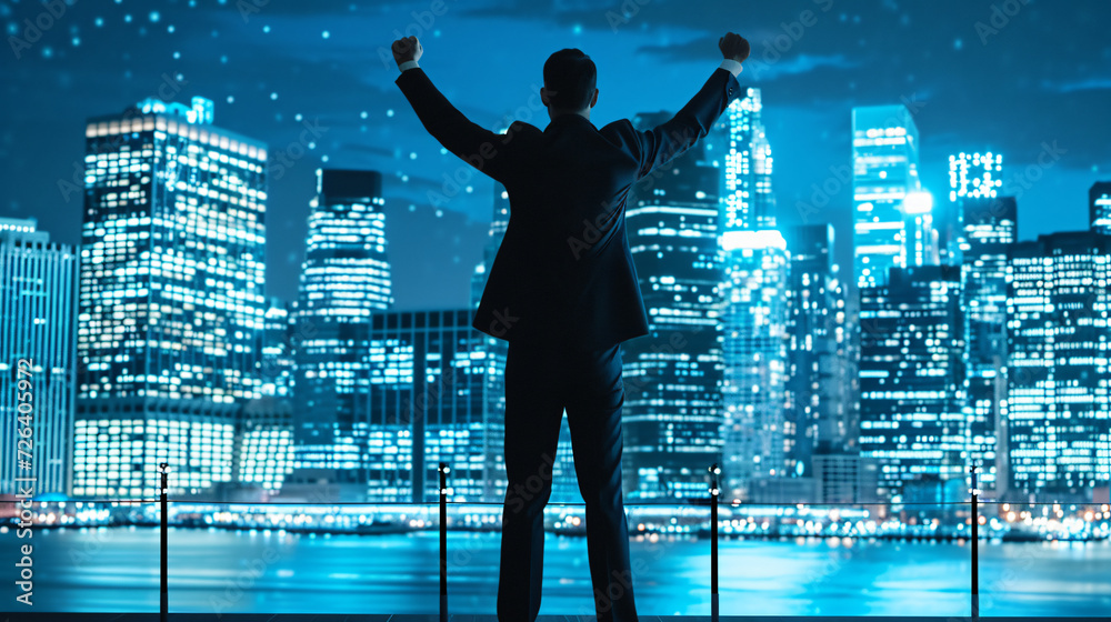 a businessman in a suit stands in front of a skyline at night and throws his arms in the air with joy a businessman in a suit stands in front of a skyline at night and throws his arms in the air with joy