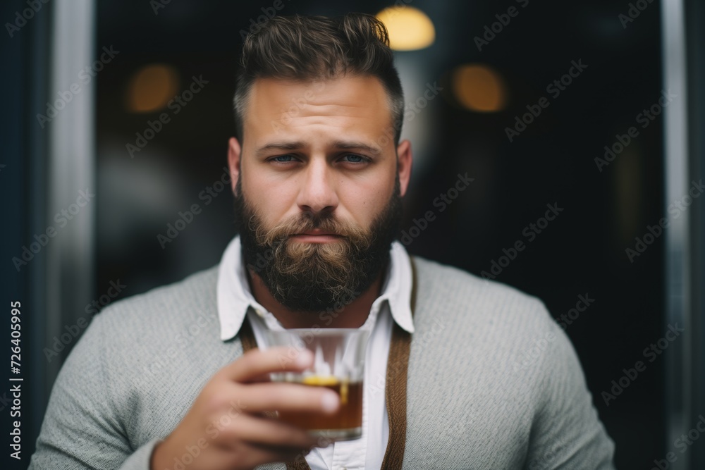 man with guarded expression holding a glass of whiskey