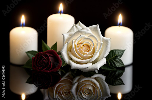 Funeral candles with a white rose on a black background.
