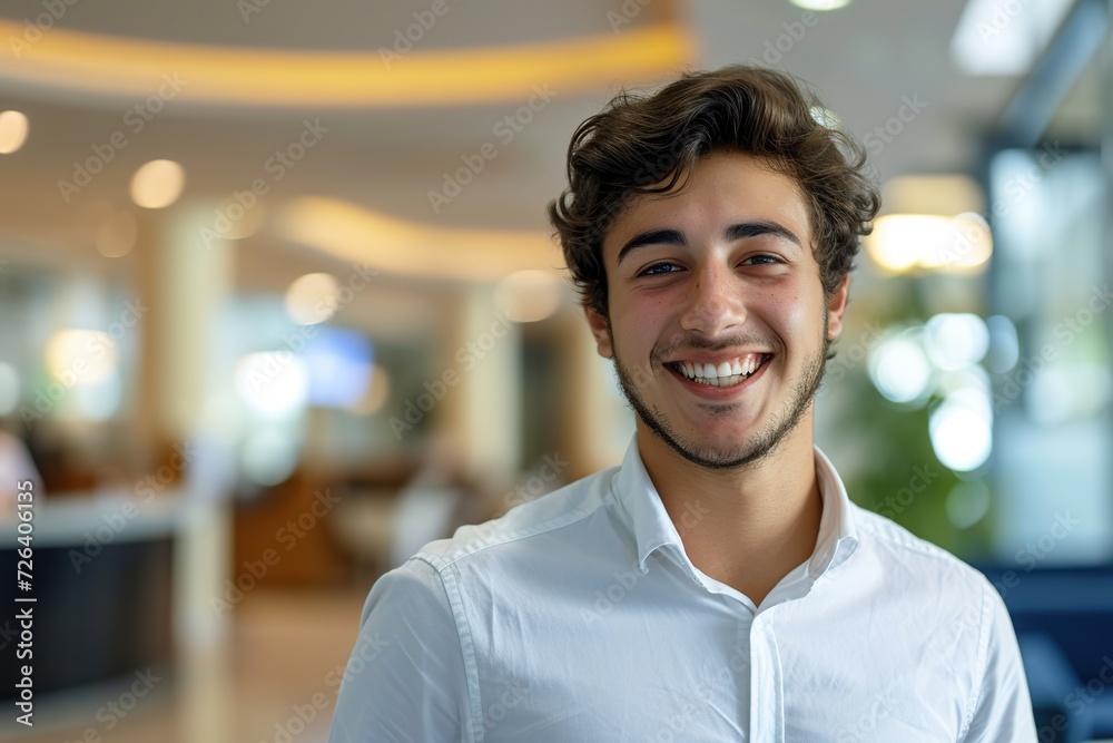 Obraz premium Young man receptionists standing in hotel lobby near the counter