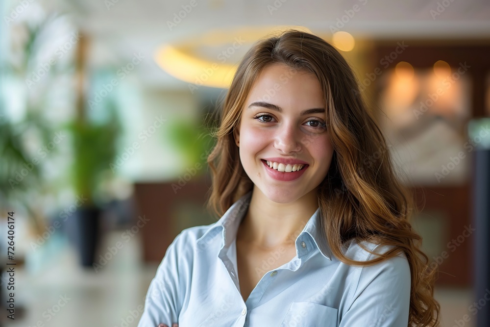 Young woman receptionists standing in hotel lobby near the counter Young woman receptionists standing in hotel lobby near the counter