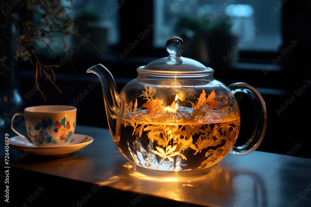 Glass teapot with hot tea. Generative AI Glass teapot with hot tea. Generative AI