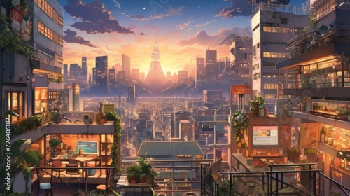 A bustling cityscape at dusk, where towering skyscrapers are bathed in warm, golden hues. The foreground showcases anime characters engaged in various leisure activities: chatting in a park photo