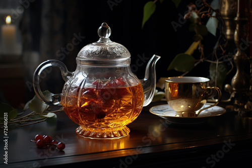 Glass teapot with hot tea. Generative AI