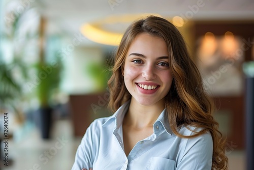 Young woman receptionists standing in hotel lobby near the counter