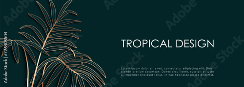 Dark green luxury design with golden palm branches. Tropical background, postcard, cover design.