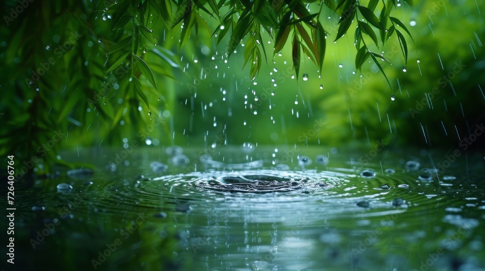 HD photography, close focus, rain, willow, large droplets of water rippling into the water,