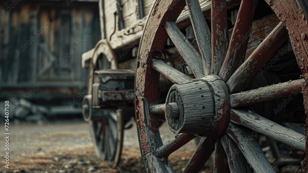 A detailed close-up of a wooden wagon wheel. Perfect for rustic and vintage-themed designs