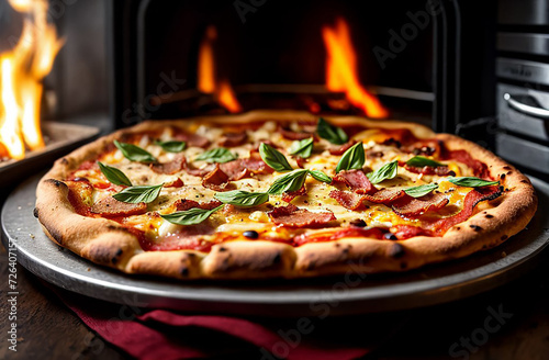 Pizza on the background of a fiery oven.