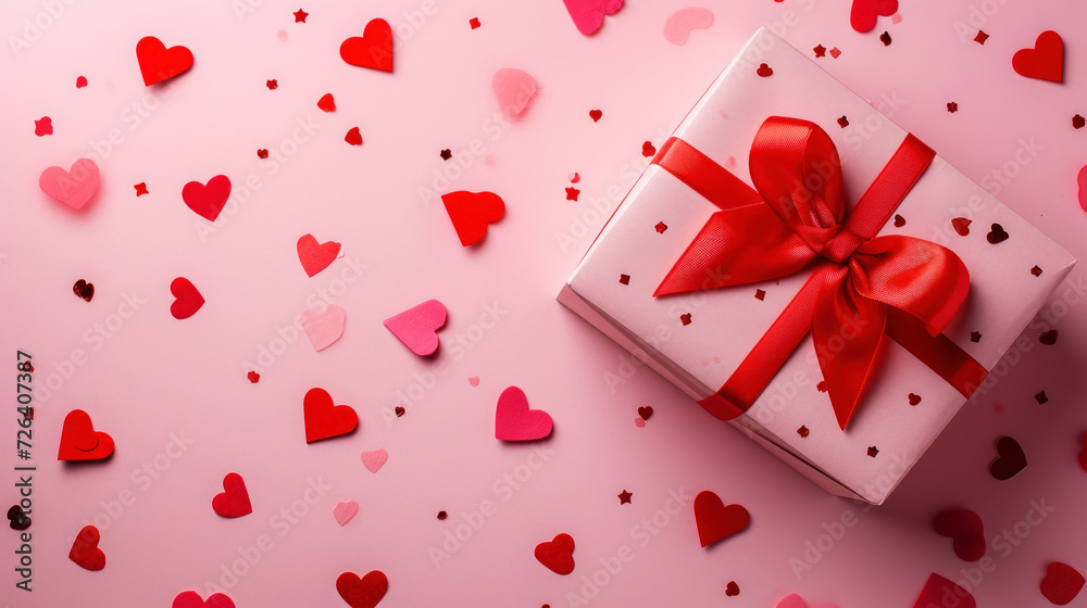 Top view of aesthetic gift in craft box with ribbon. Pink hearts confetti background. Greeting concept. Generative AI