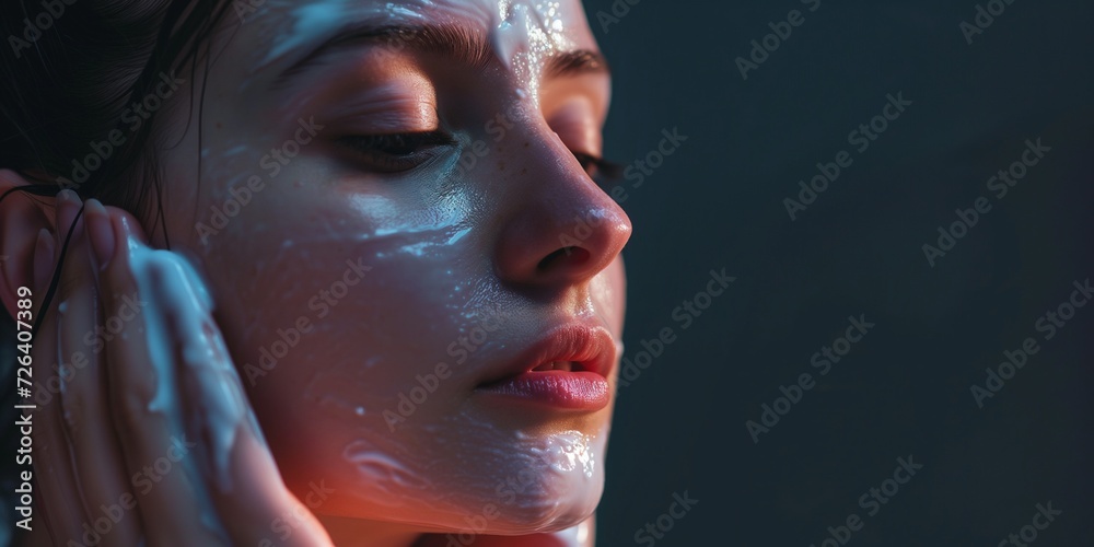 Young beautiful woman takes care of her face skin. Woman washes her face with foam. Portrait of a woman on a dark background. Banner with space for text.