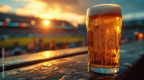 Golden Sunset Brew | A Chilled Beer Amidst a Vibrant Evening Atmosphere 