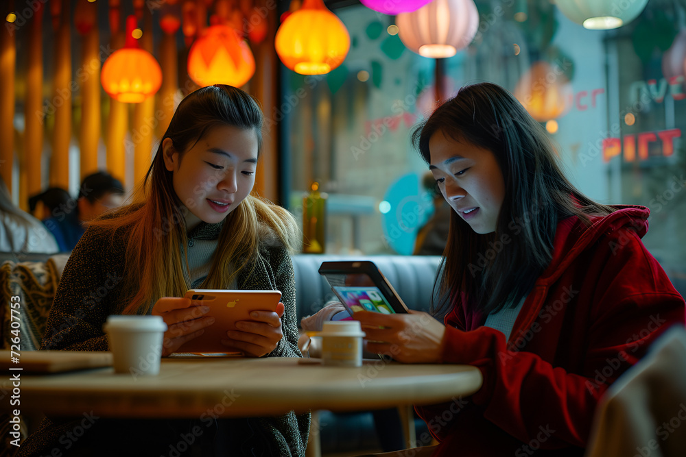 two asian women using a tablet in a restaurant, Generative AI two asian women using a tablet in a restaurant, Generative AI