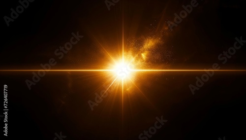Easy to add lens flare effects for overlay designs or screen blending mode to make high-quality images. Abstract sun burst, digital flare, iridescent glare over black background. photo