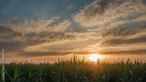 A field of sugarcane with a hazy sky at sunset