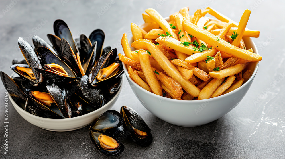 Moules frites, mussels are steamed with celery, leeks and butter and
